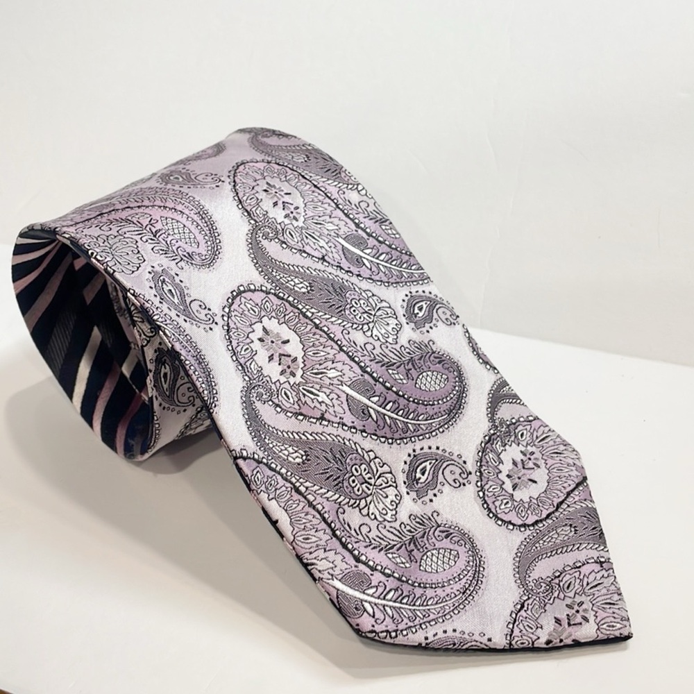 Roberto Villini Couture Mens Silk Repp Tie Reversible‎ Floral Stripe Lavender